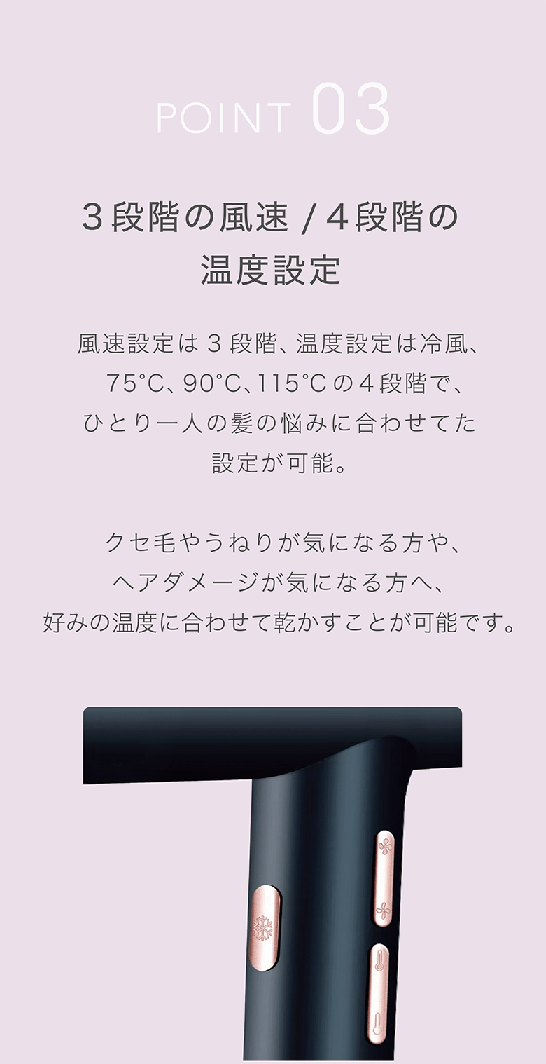 POINT 03 3段階の風速 / 4段階の温度設定
